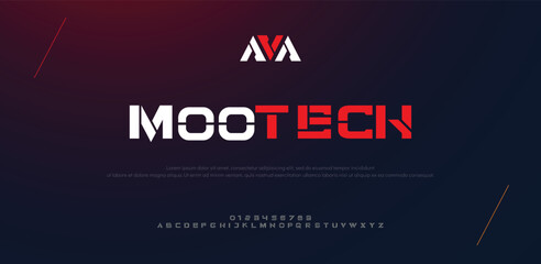 Mootech Modern abstract digital alphabet font. Minimal technology typography, Creative urban sport fashion futuristic font and with numbers. vector illustration	