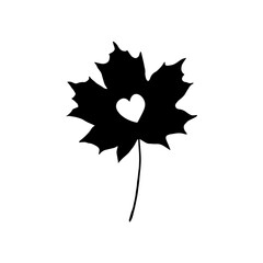Black silhouette of a maple leaf with a heart cut out in the middle. Hand-drawn vector illustration isolated on white background.