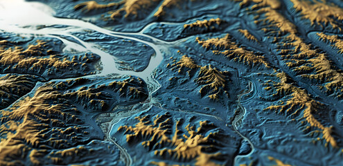 Dynamic abstract aerial shot capturing the textures and contrasting hues of a river canyon landscape, Topological map