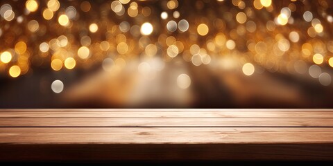 Wooden table in front of shimmering bokeh lights.
