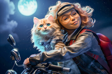 Midnight Ride: Girl and Cat on a Magical Journey. 3D illustration