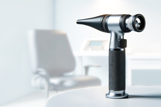 Close up of an otoscope in a modern medical clinic with diagnostic equipment in the background.World Hearing Day.International Day for Ear and Hearing.Hearing problems and diseases. 