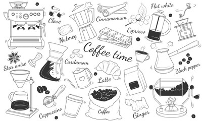 Set of illustrations about coffee. Cup,
Coffee machine, bag of beans, Turk, paper cup, manual bean grinder, spices, croissant, chocolate, geyser coffee maker. Vector. Doodle style.