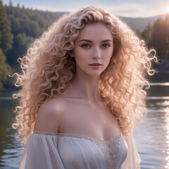 Fototapeta premium A beautiful woman stands on the shore of a lake. 