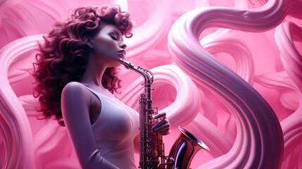 3d render romantic music woman playing saxophone - obrazy, fototapety, plakaty