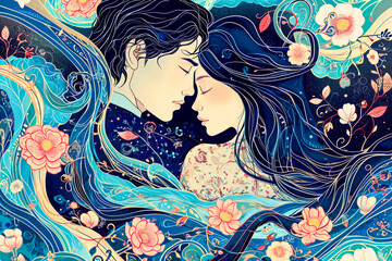 Enchanted Whispers: Lovers United in Art Nouveau Dreamscape