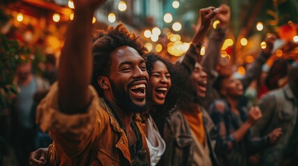 Obraz premium Happy crowd chanting, celebrating festival or event