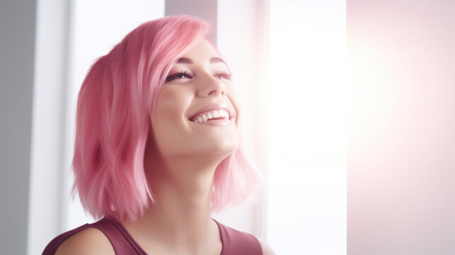 Portrait of a pretty pink-haired young woman laughing closeup.