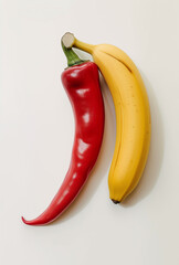 Mixed bunch of banana and red pepper on clean white background. Creative food concept. Conceptual still life.