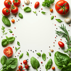 Vegetables frame around empty copy space area, Leafy greens, tomatoes, basil, herbs, spices. For organic green product advertising background
