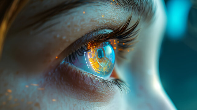 Female eye close up with smart contact lens with digital and bio-metric implants to scanning the ocular retina. Future concept and hi tech technology for computer scans of face identification
