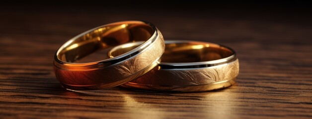 two gold wedding rings on a dark wood surface