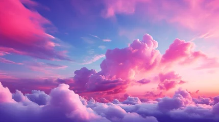 Zelfklevend Fotobehang Pink, blue and purple clouds in the morning sky background pattern. Sunset or sunrise background. Decorative horizontal banner. Digital artwork raster bitmap illustration. AI artwork.  © Oxana