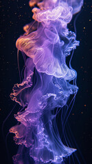 Fluorescent purple glow jellyfish swims gracefully underwater
