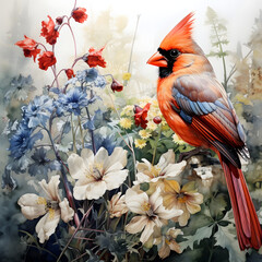 Watercolor cardinal bird, isolated in white background, vector illustration.