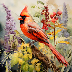 Watercolor cardinal bird, isolated in white background, vector illustration.