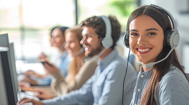 A diverse team of professionals in a call-center, smiling as they assist customers with their computer expertise. Copy space. 