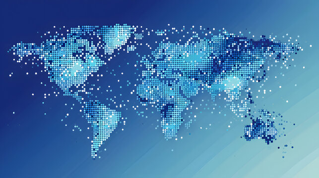 Digital pixelated world map against a blue gradient background, depicting global connectivity and virtual networks in a modern style