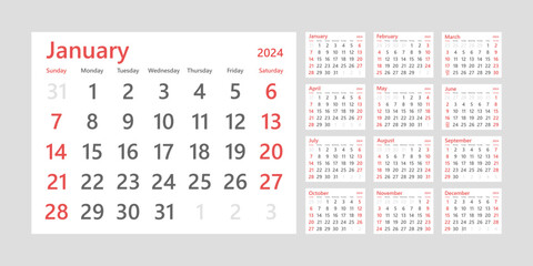 Monthly calendar template for the 2024 year. Wall calendar in a minimalist style. Desk calendar. The week starts on Sunday. Planner for the 2024 year. Vector illustration