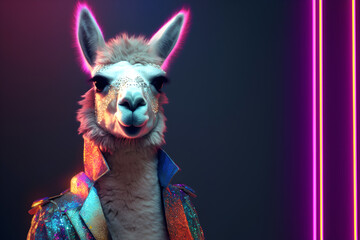 Creative animal concept. Llama in disco neon glitter glam shiny glow sequin outfit, copy text space. commercial, editorial advertisement party invitation invite, surreal surrealism	
