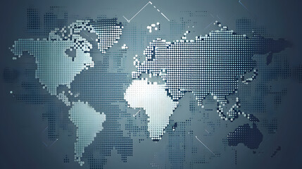 Obraz premium Abstract digital world map illustration, featuring a network of glowing dots representing global connectivity, data exchange, and technological advancement in a dark background