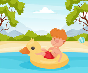 Obraz na płótnie Canvas Happy Boy Character at Sea Swim in Rubber Ring Enjoy Beach Vacation Vector Illustration