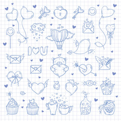 Fototapeta na wymiar Big set of blue sketch elements for Valentines day in doodle style on a white checkered background. Huge love bundle