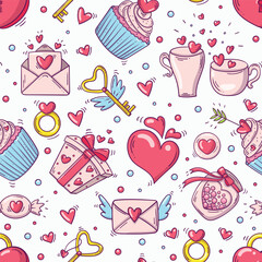 Bright seamless pattern with valentines day and love objects in doodle style on white background