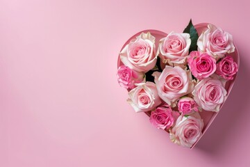 Heart shaped gift box with pink roses on pink background, top view 