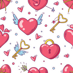 Bright seamless pattern with valentines day and love objects in doodle style on white background