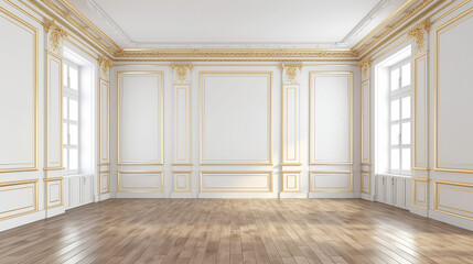 White empty room with golden moldings for mockup.  - obrazy, fototapety, plakaty
