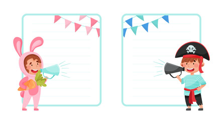 Empty Card with Cute Kid Character in Fancy Dress or Costume Talking Vector Template