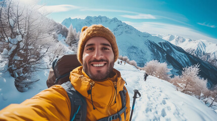 Fototapeta na wymiar Young man in winter clothes taking selfie on the mountain with snow. Sport and the concept of people