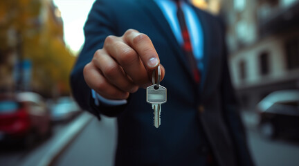 Close-up of a businessman's hand holding a key. in the middle of the street, buy my first house. real estate. mortgage