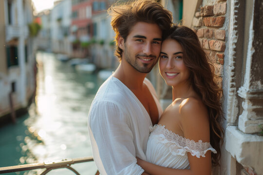 Beautiful romantic couple having fun in Venice city. Holidays and happy lifestyle concept