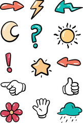 set of hand drawn colorful icons