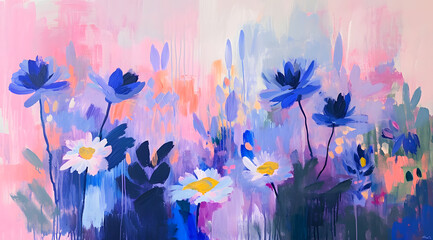 A dreamy, abstract floral painting with soft pastel hues of pink and blue creating an impressionistic meadow of flowers, wall art decor