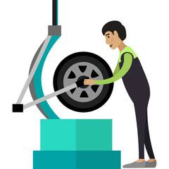 Car service worker repairing wheel vector icon isolated on white