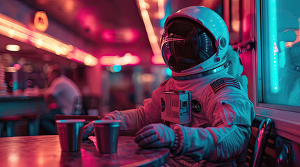 Astronaut sitting in a diner having a coffee