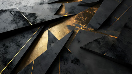 Contemporary abstract backdrop with scattered geometric shapes in black and gold textures, enhanced by striking lighting. Perfect for sophisticated designs, wallpaper, and creative backdrop ideas