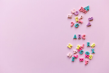 learn english language. text abc letters on pink background. Copy space