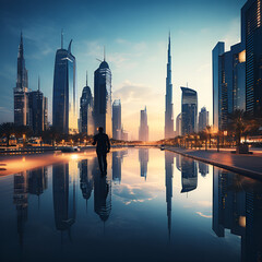 city skyline at sunset