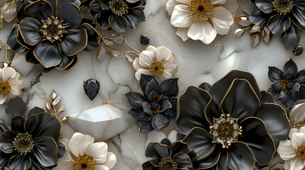Exquisite marble texture with 3d black flowers and glistening gold veins, ideal for refined backgrounds and luxurious design elements in top-tier projects