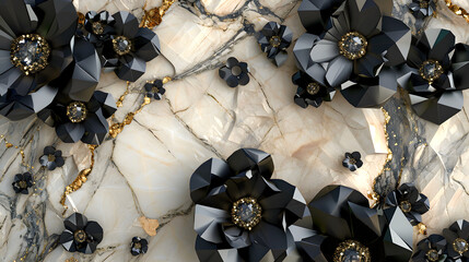 Exquisite marble texture with 3d black flowers and glistening gold veins, ideal for refined backgrounds and luxurious design elements in top-tier projects