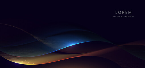 Obraz premium Abstract blue and gold wave lines glowing on black background with copy space for text. Luxury design style.