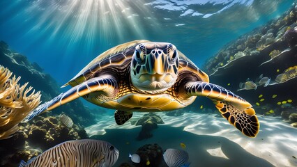 Fototapeta premium Green sea turtle gliding through a sunlit kelp forest