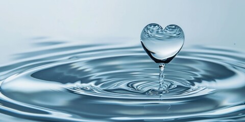Naklejka na ściany i meble Water drop in shape of heart with ripples on white background copy space 