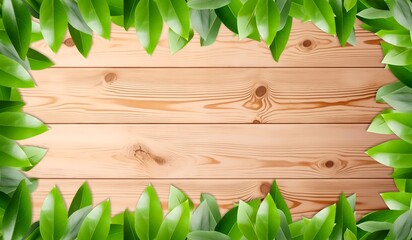 Wooden table with green leaves frame with space for copy text. Concepts for spring and summer