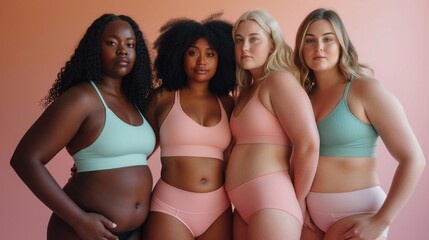 Diverse group of women of different ethnicities. Sportswear in pastel colors. Minimalist background. Body positivity, inclusivity, and diversity. AI Generated