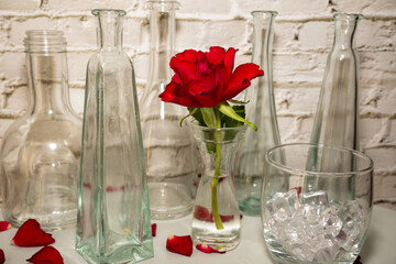 Single red rose with green leaf in glass vase.  Surrounded by decorative glass vases of various designs and a glass with ice cubes. Scattered red rose petals on a white background. White brickwall bac